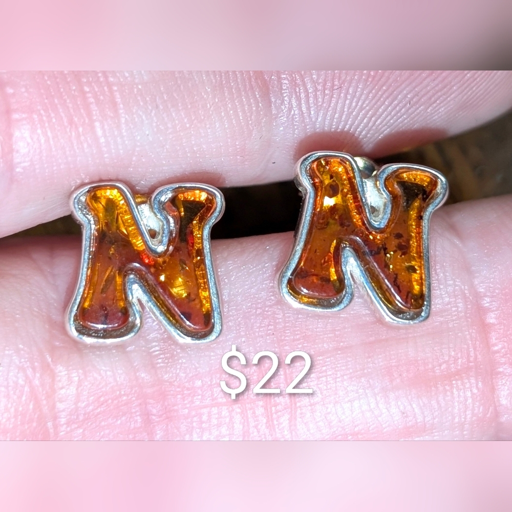 Baltic AMBER "N" Initial EARRINGS